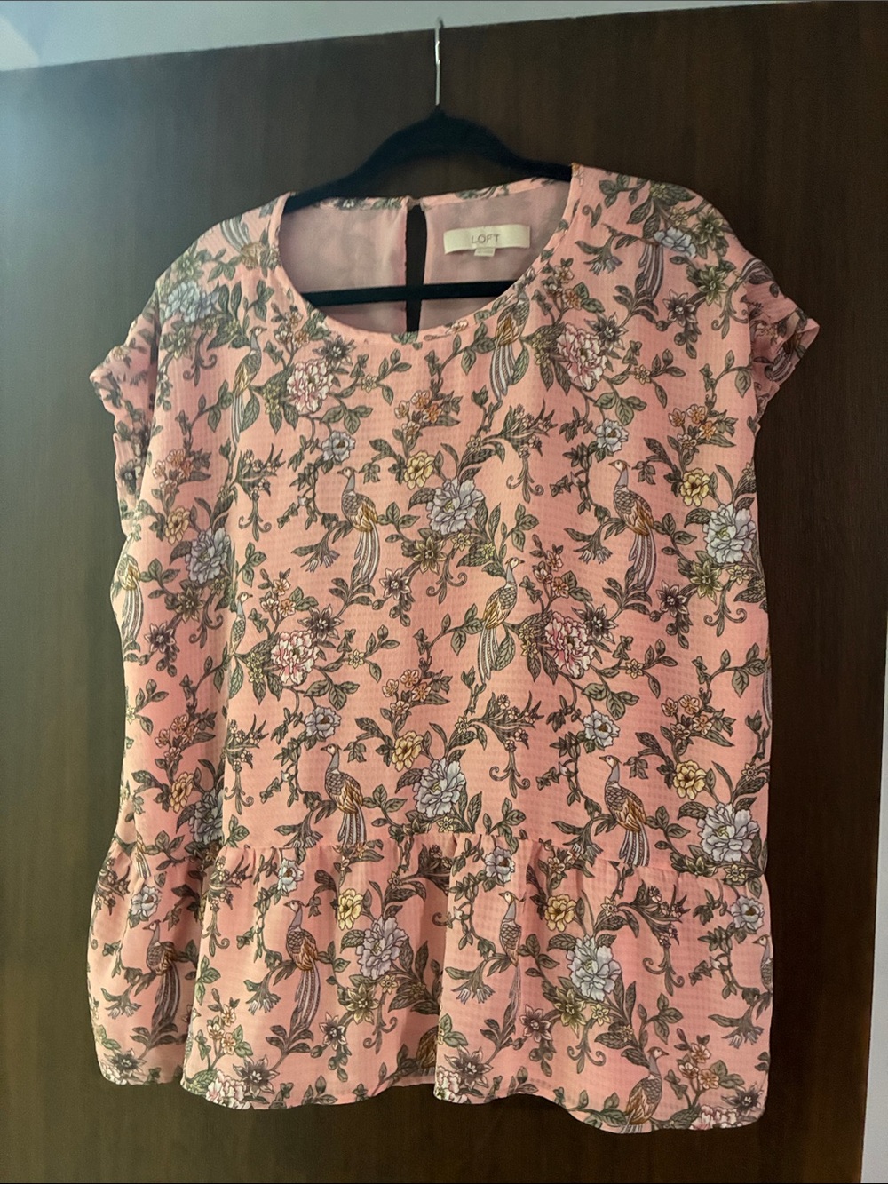 LOFT Pink Floral Short-Sleeve Peplum Blouse